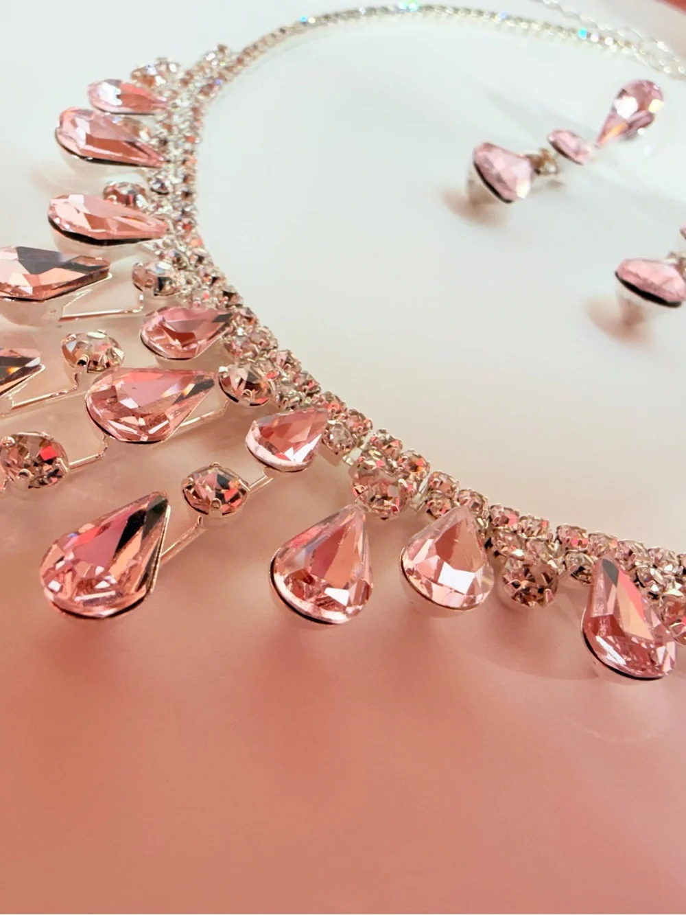Pink Teardrop Crystal Necklace and Earring Set